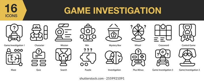 Game Investigation icon set. Includes adventure, exploration, quest, leisure, clue, and More. Outline icons vector collection.