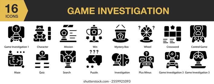 Game Investigation solid icon set. Includes adventure, exploration, quest, leisure, clue, and More. Solid icons vector collection.