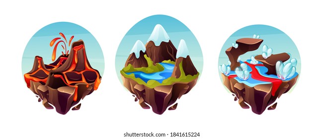 Game island collection. Highlands of north america, snow-capped mountains with mountain river, landscape of earth and lava. Nature landscape of earth for game design cartoon vector