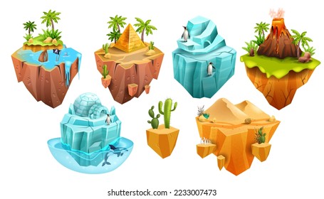 Game island, Egypt desert pyramid, vector isometric 3D floating land, jungle palm, iceberg, volcano. Flying platform concept, summer tropical scene sand dune, penguin. Exotic nature game island kit