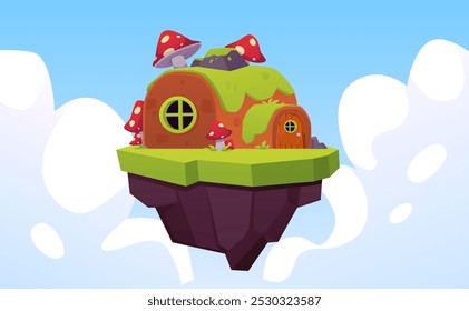 Spielinsel mit Hütte am Himmel. Vektor Cartoon niedlichen kleinen Märchen Dorfhaus mit Tür und abgerundetes Dach mit Gras bedeckt. Ländliche Zwerghölzer mit Schornstein auf schwimmendem Felsboden