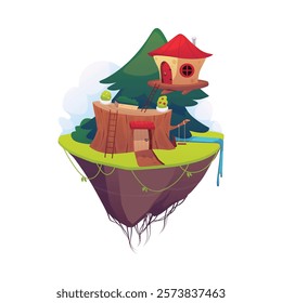 Game island with huts on the fir tree in the sky. Vector cartoon cute fairy tale village houses with stairs, swing and potted plants. Rural village wooden dwelling on floating rock land with waterfall