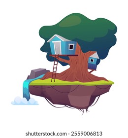 Game island with huts on the tree trunk in the sky. Vector flat cartoon cute fairy tale village house with stairs. Rural village wooden dwelling on floating rock land with waterfall