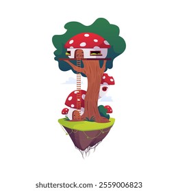 Game island with huts. Vector flat cartoon cute fairy tale village houses with stairs and fly agaric roof on the tree trunk. Rural village wooden dwelling on floating rock land summertime