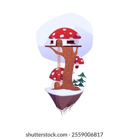 Game island with huts in winter. Vector flat cartoon cute fairy tale village houses with stairs and fly agaric roof on the tree trunk. Rural village wooden dwelling on floating rock land