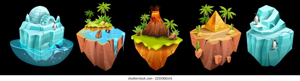 Game island, iceberg, vector volcano, Egypt desert pyramid, isometric 3D floating land, jungle palm. Flying platform concept, summer tropical scene sand dune, penguin. Exotic nature game island kit