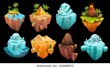 Game island, iceberg, volcano, Egypt desert pyramid, vector isometric 3D floating land, jungle palm. Flying platform concept, penguin, summer tropical scene sand dune. Exotic nature game island kit