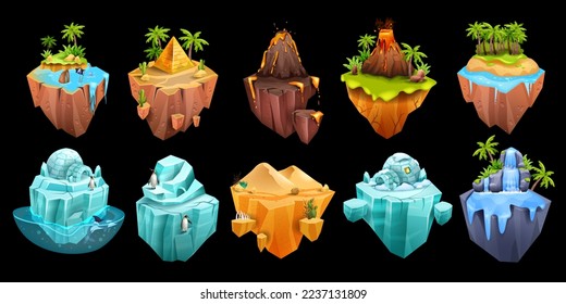 Game island, vector iceberg, volcano, isometric desert Egypt pyramid, 3D floating land, jungle palm. Flying platform waterfall, penguin, summer tropical scene sand dune. Exotic nature game island kit