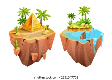 Game island, vector isometric 3D floating land, jungle palm, Egypt desert pyramid, UI environment. Flying platform concept, summer tropical scene stone surface, water. Exotic nature game island kit