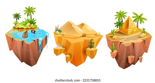 Game island, vector isometric 3D floating land, Egypt desert pyramid, jungle palm, UI environment. Flying platform concept, summer tropical scene sand dune, water. Exotic nature game island kit