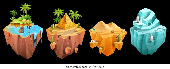 Isla de juegos, vectores isométricos tierra flotante 3D, pirámide del desierto de Egipto, palma de la jungla, iceberg, pingüino. Concepto de plataforma voladora, duna de arena de la escena tropical de verano, hielo. Juego de isla de naturaleza exótica