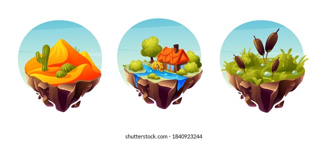 Game islands collection. Desert with cactus, land landscape with marshy surface with reeds, grassy landscape with river systems, house. Nature landscape of earth for game design cartoon vector