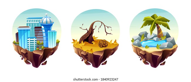 Game islands collection. Landscape with houses, arid area, with dry trees and branches, stone landscape with oasis. Nature landscape of earth for game design cartoon vector