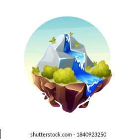 Game islands collection. Stone island with waterfall, trees and vegetation. Nature landscape of earth for game design cartoon vector