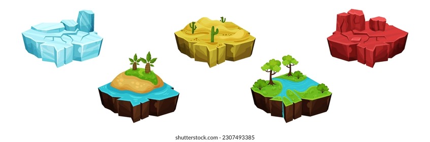Game Islands with Ice, Desert, Ocean, Mountain and River Vector Set