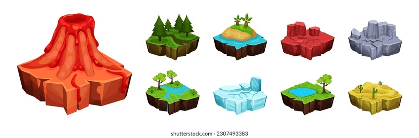 Game Islands with Volcano, Forest, Rock and Pond Vector Set