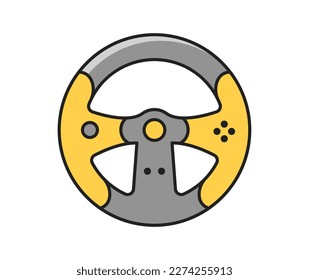 Game item icon. Colorful retro sticker with steering wheel to control car in video game. Gamepad with buttons or controller for racing. Cartoon flat vector illustration isolated on white background