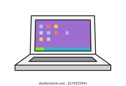 Game item icon. Colorful retro sticker with laptop for video games. Keyboard for control and screen for gaming. Cartoon flat vector illustration isolated on white background