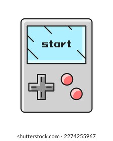 Game item icon. Retro sticker with old 8 bit game. Vintage Tetris console with screen and buttons. Video game equipment. Cartoon flat vector illustration isolated on white background