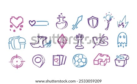 Game Items Doodle Hand-Drawn Line in Vector Art
