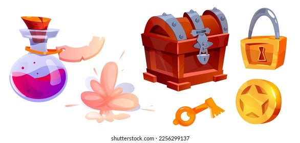 Game Items and Objects with Chest, Key, Coin, Lock and Potion Jar Vector Set svg
