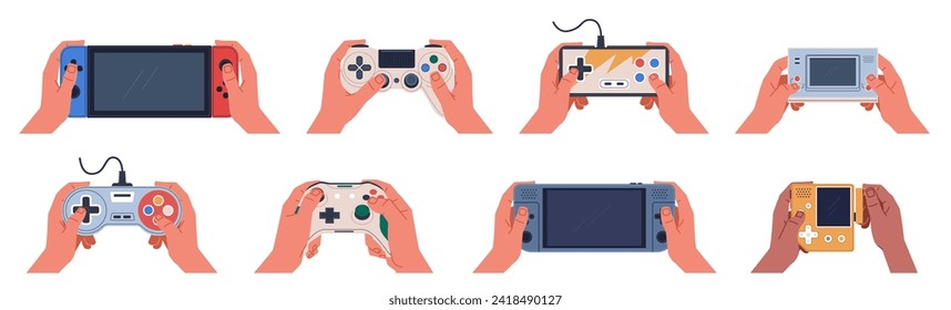 Game joystick in hands. Human arms hold retro videogame controllers, player presses buttons, modern wireless gamepads, electronic digital devices, cartoon flat style nowaday vector set