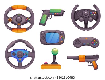 Game joystick in hands videogame pc tools isolated set. Vector graphic design element illustration
