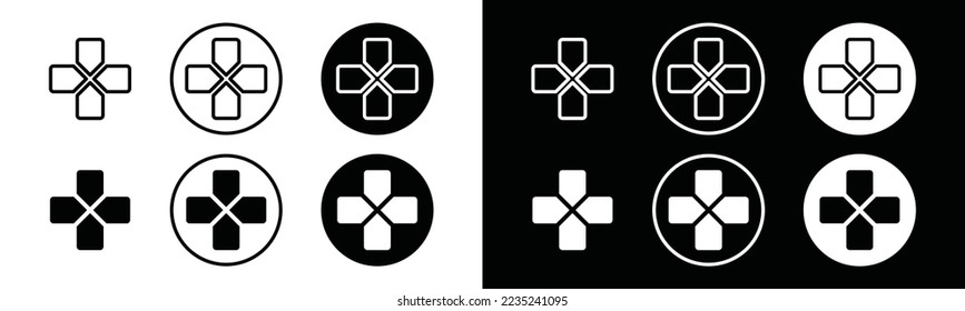 Juego de vectores de iconos de joystick de juego. Icono de glifo de joystick. Botón de dirección o controlador en la consola de juegos en estilo plano y de contorno, ilustración de símbolo