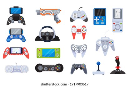 Game joystick icons and gamers gadgets technology, controller set of vector illustrations. Electronic video gamepad, computer devices. Gameing console collection for digital play, entertainment.