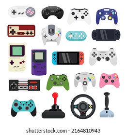 Game joystick icons and gamers gadgets technology, controller and game pads set. Electronic video joysticks, computer devices. Gaming console for digital play, entertainment. Vector illustration