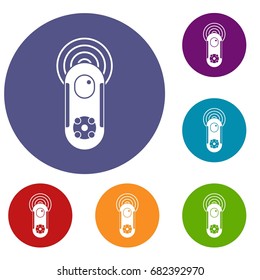 Game joystick icons set in flat circle red, blue and green color for web