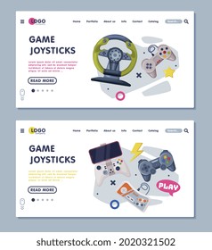 Game Joystick Landing Page Templates Set, Gamepads Controller Consoles Web Banners, Homepage Design, Gaming Industry Concept Vector Illustration