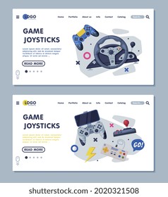 Game Joystick Landing Page Templates Set, Gamepads Controller Consoles Web Banners, Homepage Design Vector Illustration