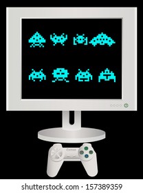 game joystick and a monitor with pixel characters on a black background