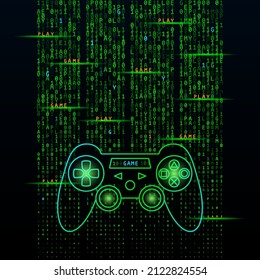 game joystick on the background of a stream of binary matrix code on the screen. computer matrix numbers. Concept of computer games and gamer. vector illustration