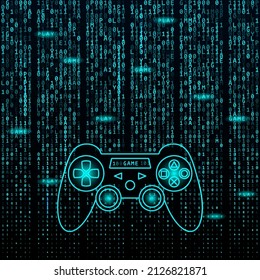 game joystick on the background of a stream of binary matrix code on the screen. computer matrix numbers. Concept of computer games and gamer. vector 