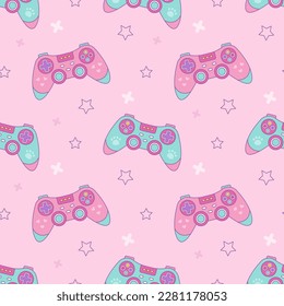 Game joystick on pink background with stars. Vector seamless pattern in kawaii style for gamer girl