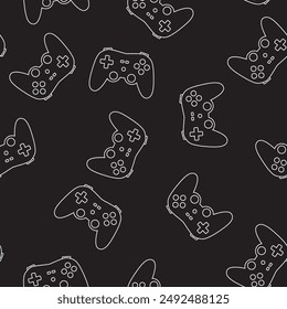 Game joystick seamless pattern. Accessories for playing on a computer or console. Texture, line art style. Decoration with keypad tool isolated on black background. Modern gadget. vector illustration