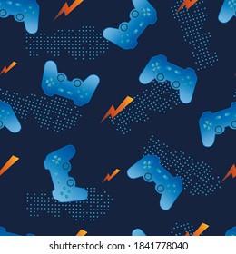 Game joystick. Seamless pattern with blue gaming joystick, orange lightning and geometric elements on blue background.