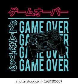 Game joystick typography, tee shirt graphics, vectors, translate japan play the game , translate japan game over, hand drawn artwork