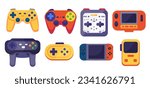 Game joystick, video game console, playing controller, gamepad set. Digital gadgets, joypad retro 90s style. Flat vector illustration isolated on white background.
