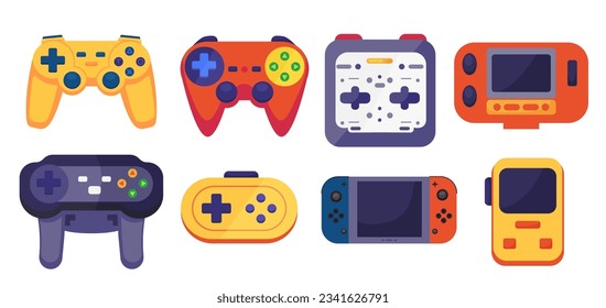 Game joystick, video game console, playing controller, gamepad set. Digital gadgets, joypad retro 90s style. Flat vector illustration isolated on white background.