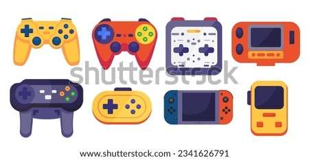 Game joystick, video game console, playing controller, gamepad set. Digital gadgets, joypad retro 90s style. Flat vector illustration isolated on white background.