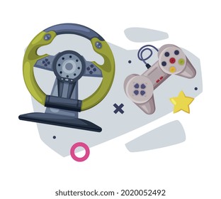 Game Joysticks, Gamepads Controllers, Video Game Players Consoles Set Cartoon Vector Illustration
