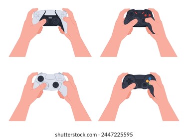 Juego joysticks en las manos. Personas jugar juegos en la computadora y la consola de juegos. Ilustración vectorial