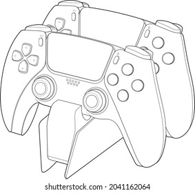 game joysticks on charging. a linear drawing in a contour. gamepads on a white background