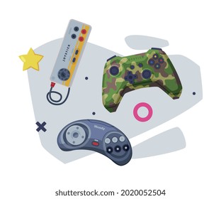 Game Joysticks Set, Retro Gamepads Controller Consoles Vector Illustration on White Background