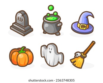 Game or just casual icons for your app Halloween themed. Bright remarkable UI elements. Good for animation. Broom, ghost, pumpkin and others. Vector illustration for your business.