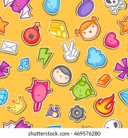 Game kawaii seamless pattern. Cute gaming design elements, objects and symbols.