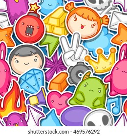 Game kawaii seamless pattern. Cute gaming design elements, objects and symbols.